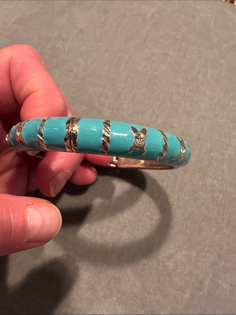 Turquoise Enamel Bangle Bracelet with Gold Accents